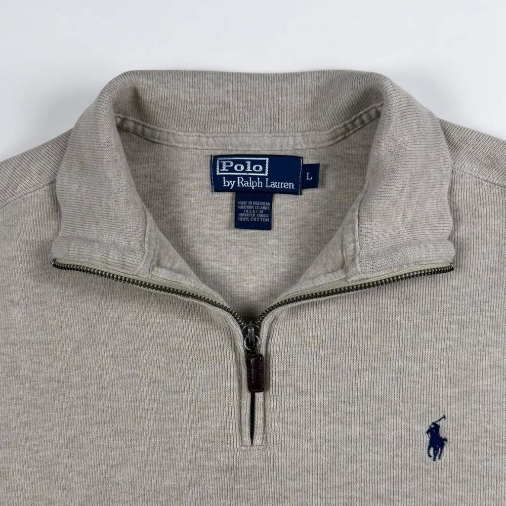 Polo Ralph Lauren Quarter Zip Pullover Mens L Oatmeal Heather Cotton Sweater